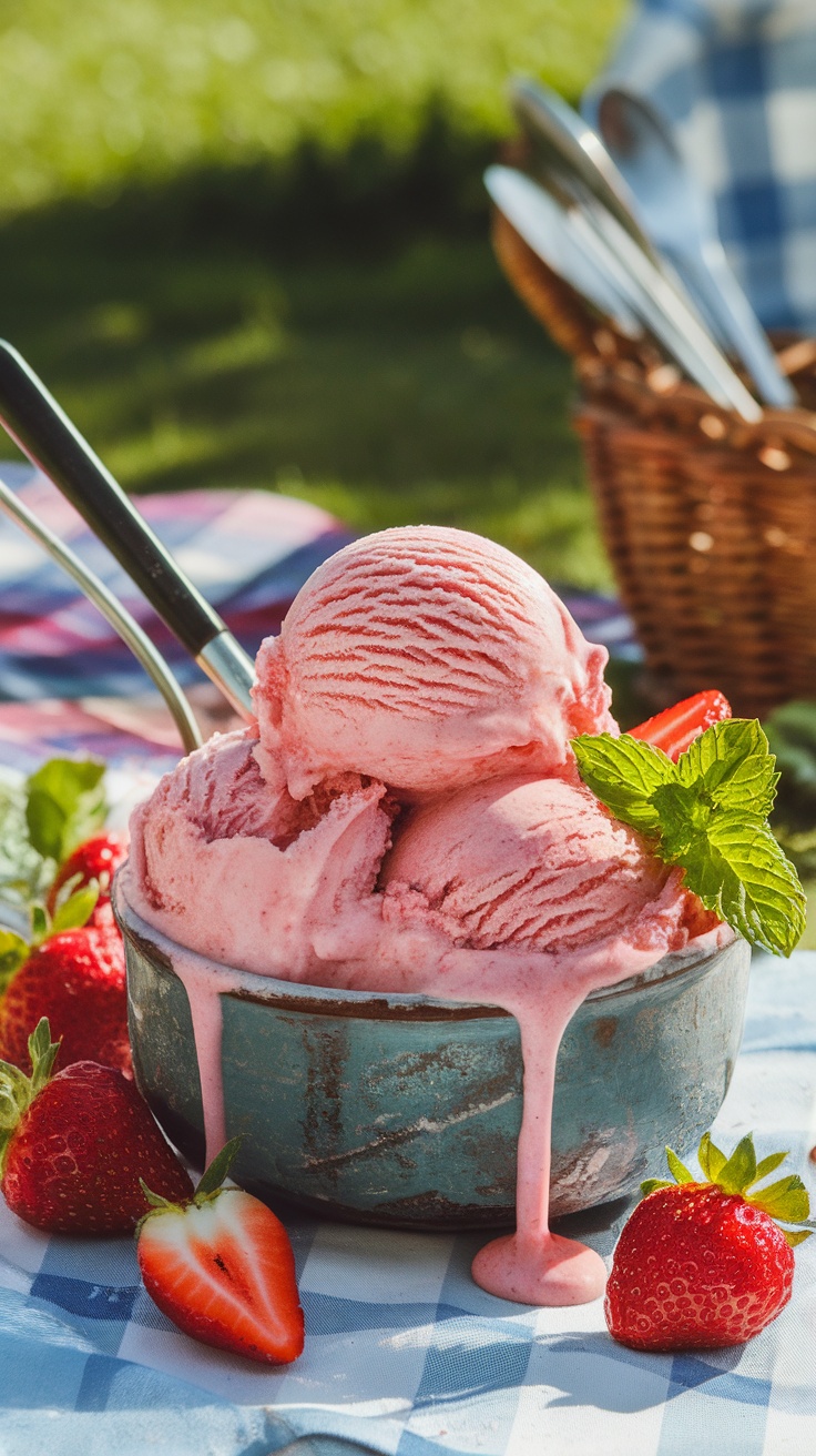 Delicious pink strawberry ice cream in a bowl with fresh strawberries and mint on a picnic table.